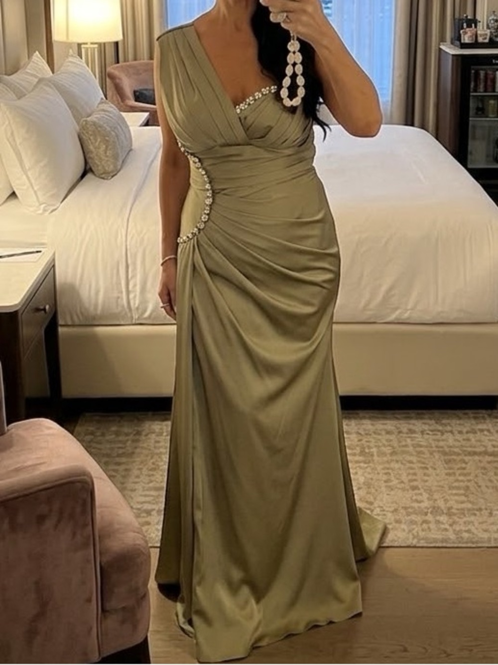 One-Shoulder Olive Green Prom Gown with Side Crystal Detail